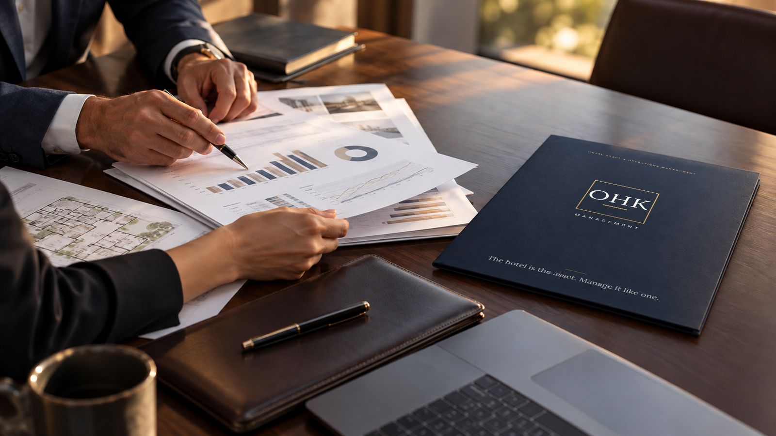 An OHK Management presentation folder on a meeting table beside financial reports